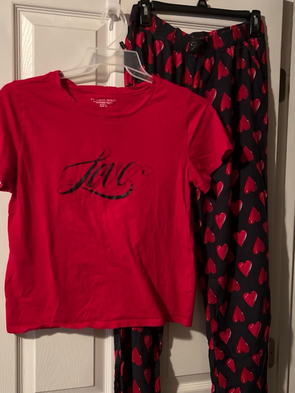 Victoria's Secret Red Short-Sleeve Top & Black Heart-Print Pajama Pants